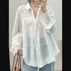 White Floral Embroidered Button Down Shirt Blouse One Size